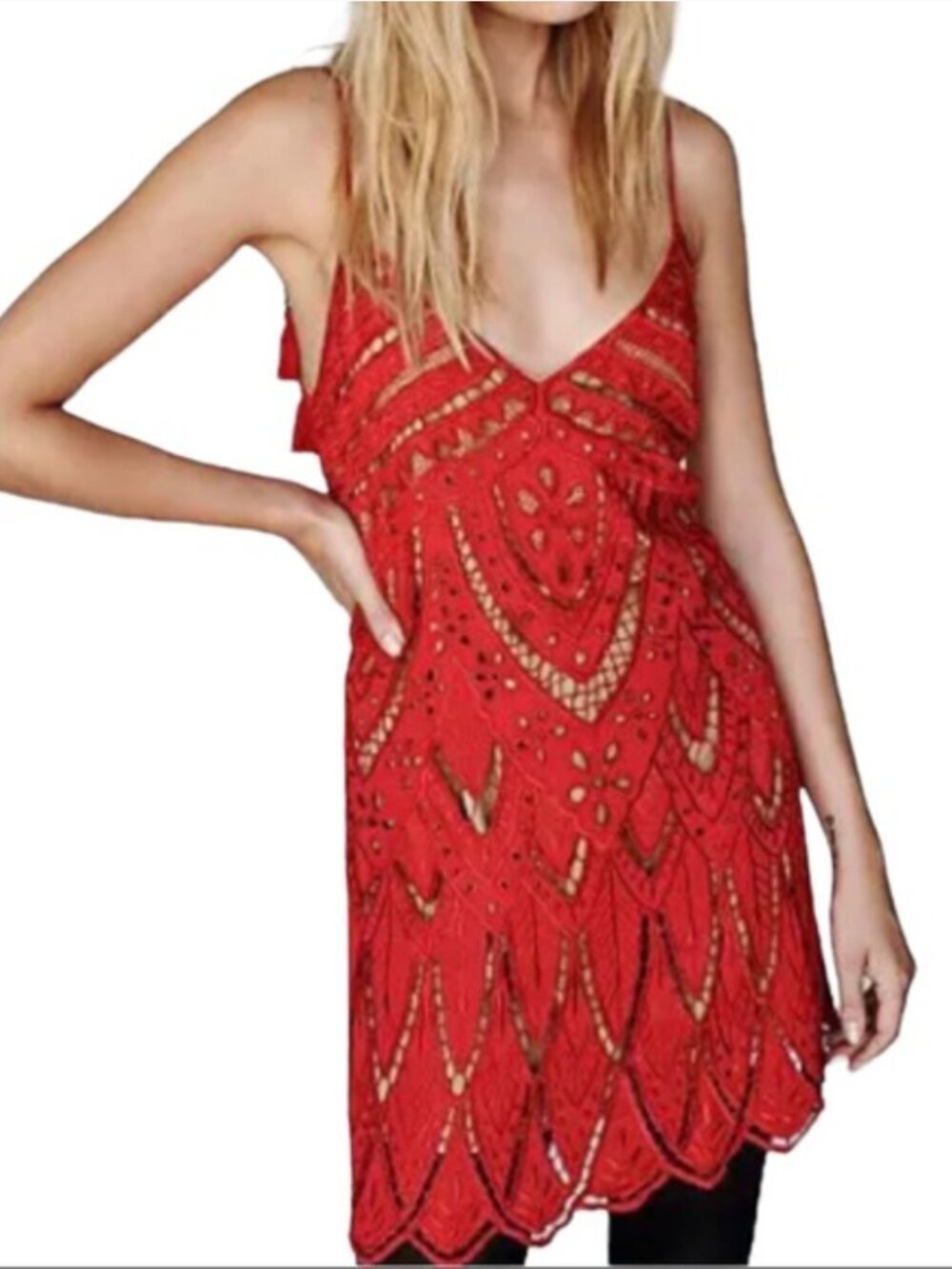 Free People Pyt Sm 4/6 Red Cutwork Tassel Tie V-Neck Scalloped Mini Dress - Picture 2 of 8